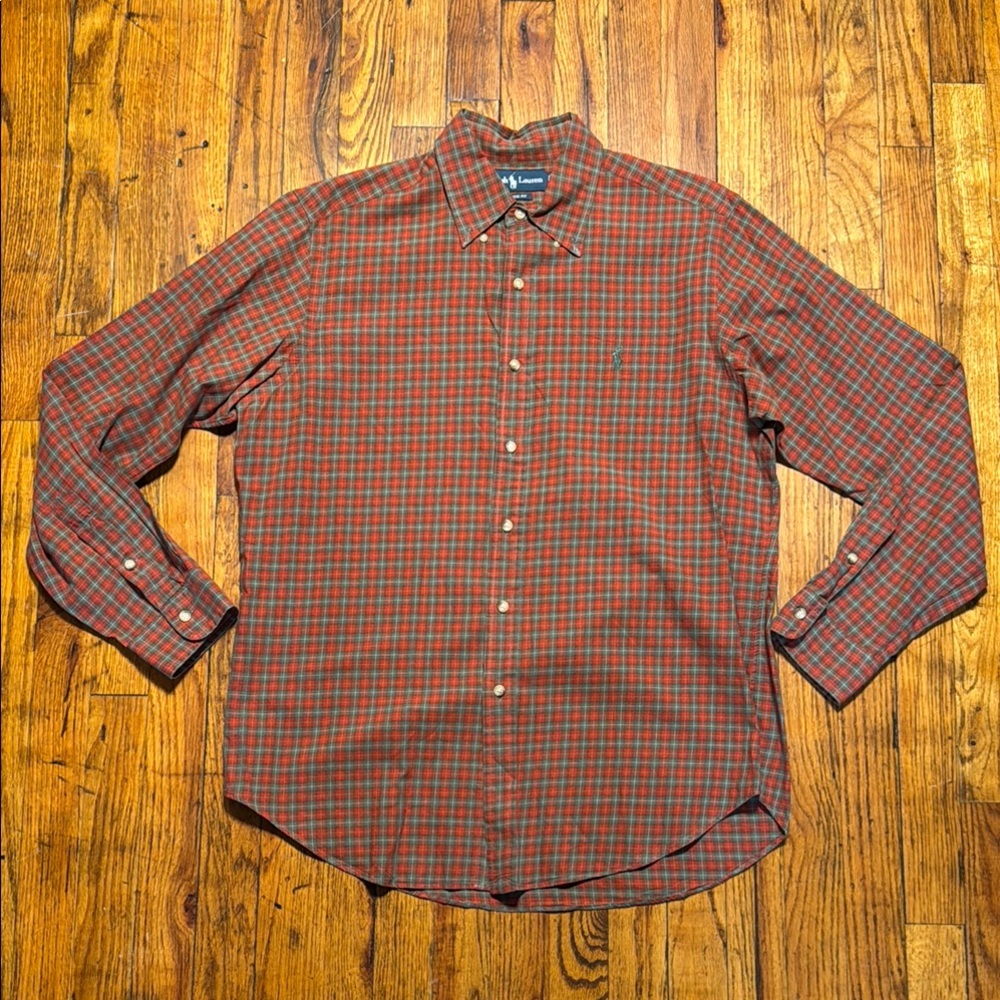 RALPH LAUREN Men's Rust Red Olive Green Plaid Classic Fit Button Down Shirt SZ L
